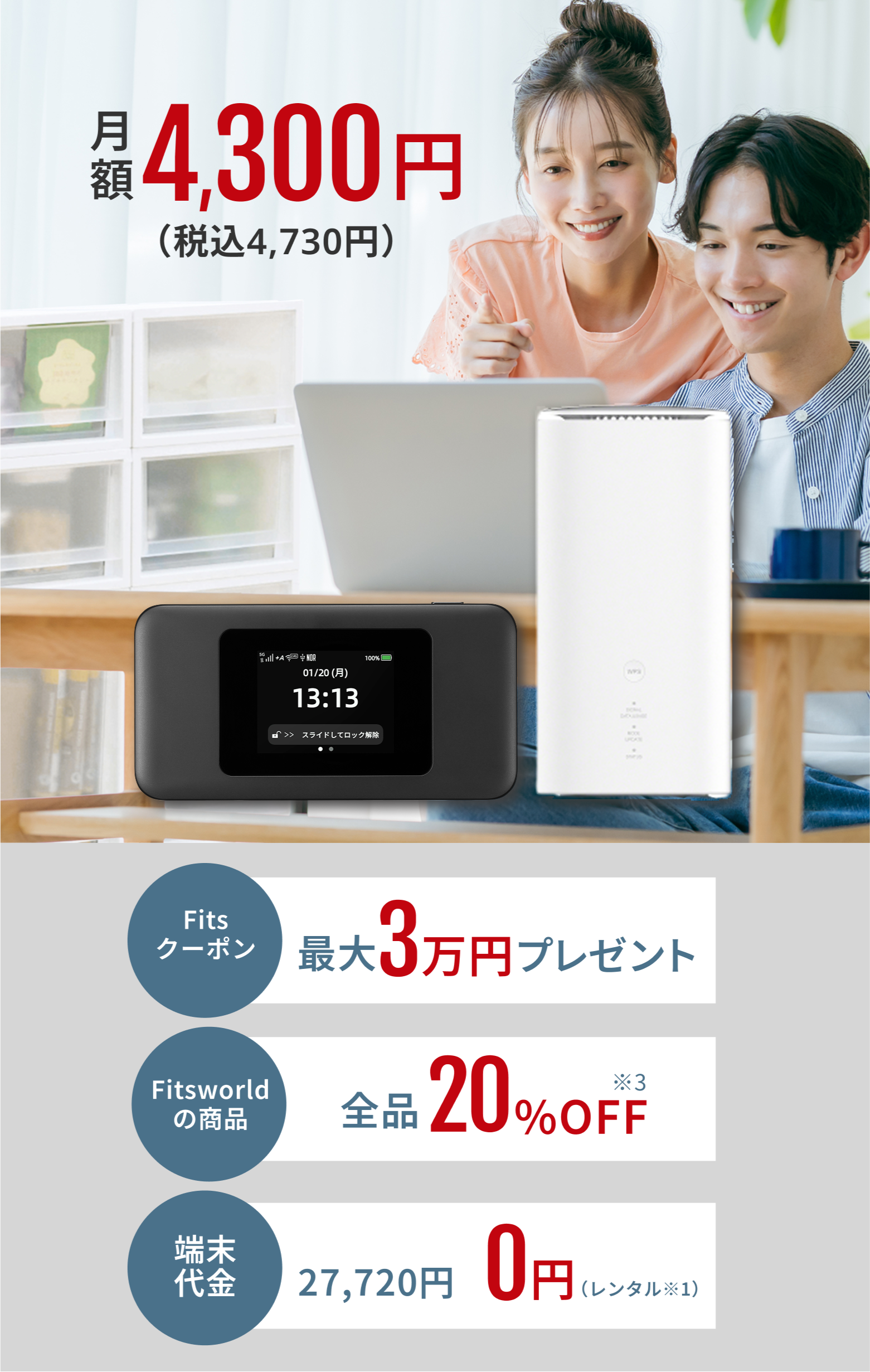 FitsWiMAX月額4300円税込4700円、工事不要。最短即日発送、最月額4300円税込4700円工事不要。最短即日発送、Fitsクーポン最大30,000円プレゼント、端末代金0円
